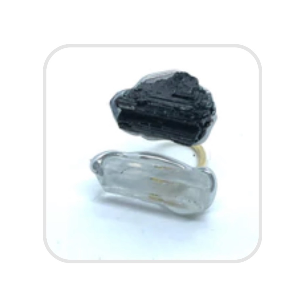 Custom Raw Quartz and Black Tourmaline Double Stone Open Silver and Gold Ring